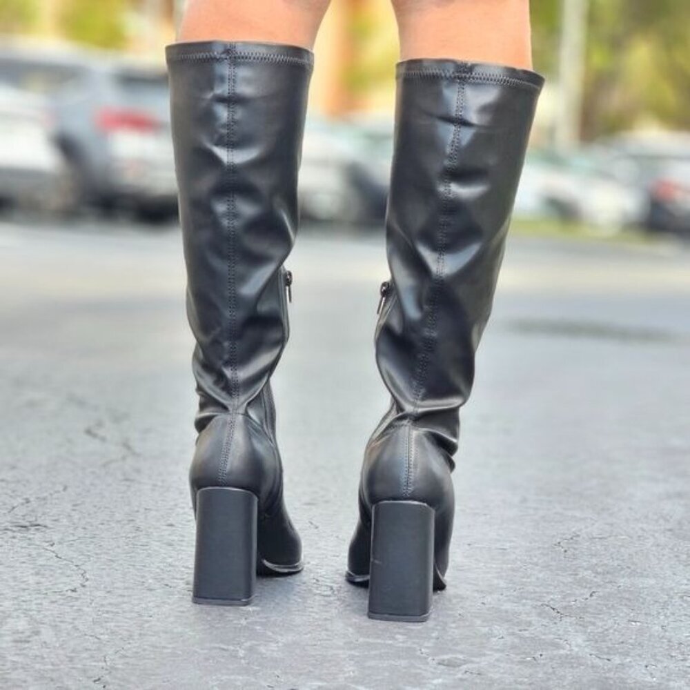Black Women’s Mid Calf Boots Square Toe Heel Rubber Material - Picture 8 of 8